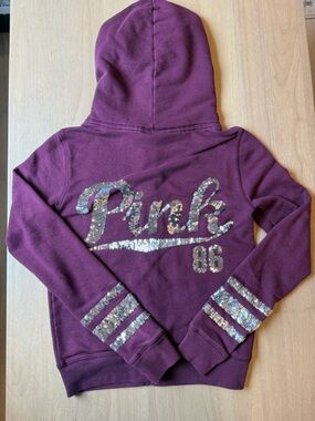 Rare Pink Victoria's Secret Bling Logo Burgundy Hoodie with Silver Sequins XS